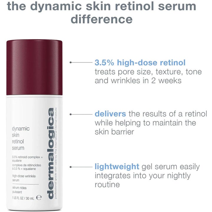 Dermalogica Retinol Renewal Duo 30 ml serum som reduserer rynker i hvit flaske med burgunder kork og infografikk