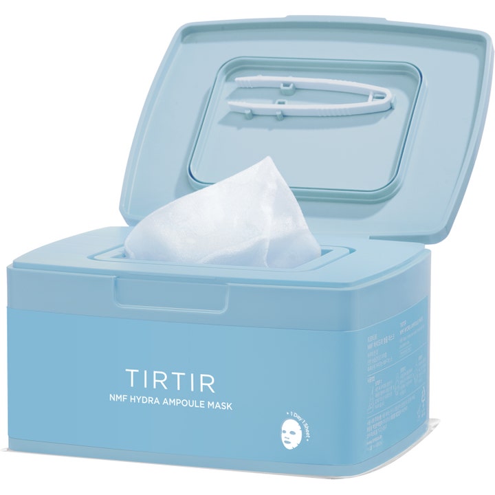TIRTIR NMF Hydra Ampoule Mask 30 stk fuktighetsgivende ansiktsmasker i en lyseblå boks med hvit pinsett og maske