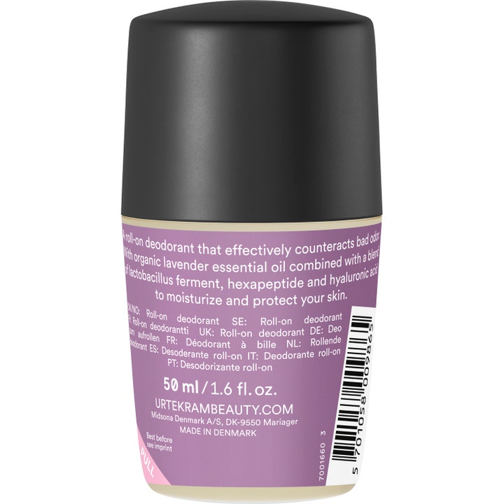 Urtekram Soothing Lavender Deo 50 ml beroligende roll-on deodorant i lilla flaske med sort kork