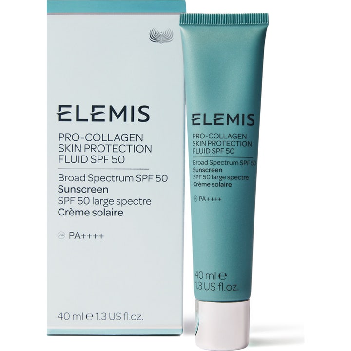 Elemis Pro-Collagen Skin Protection Fluid SPF50 40 ml beskyttende solkrem i blågrønn tube med sølvkork og hvit eske