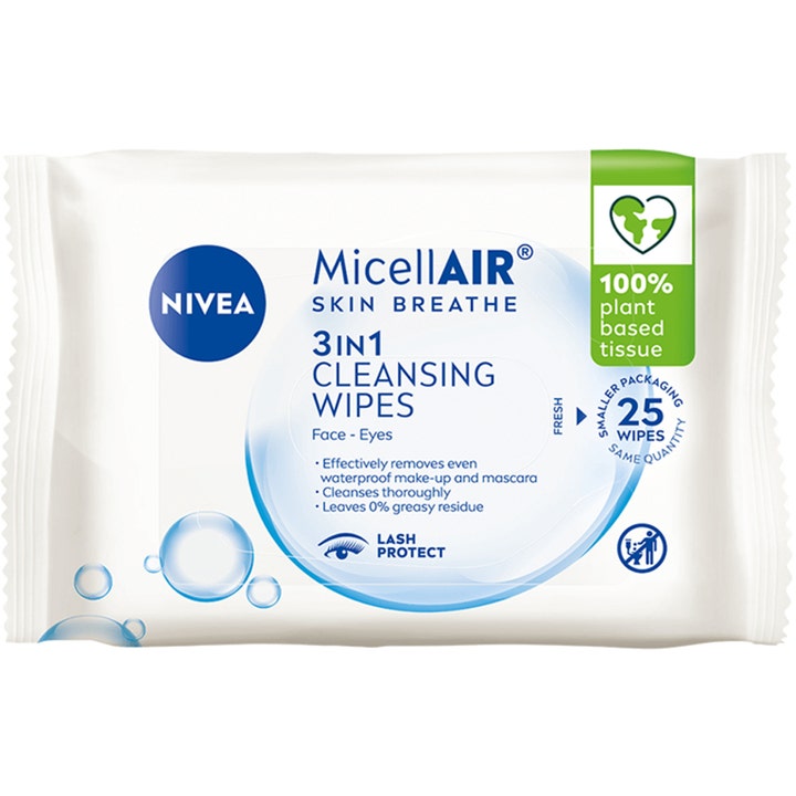 NIVEA MicellAIR Expert Wipes 25 stk renseservietter fjerner vannfast sminke i hvit pakning med blå vanndråper og grønt symbol.