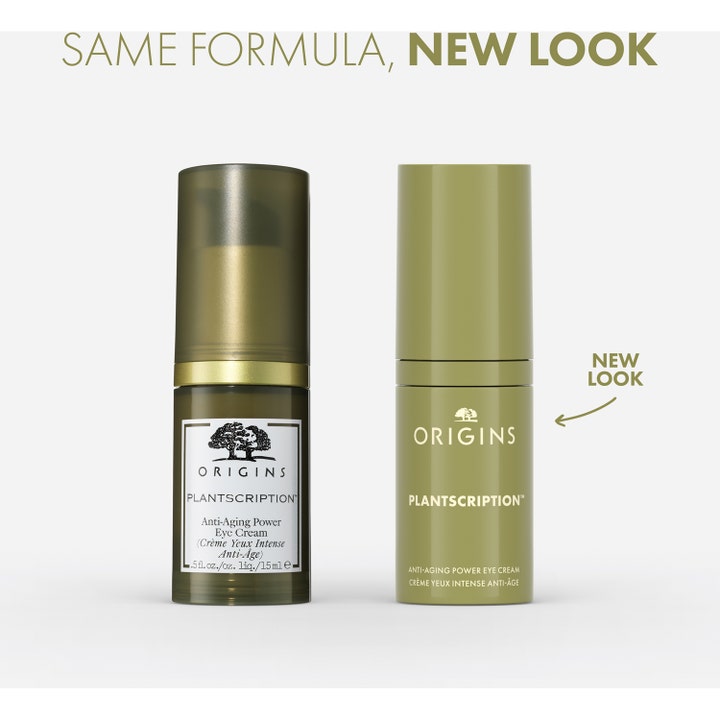 Origins Plantscription Anti-Aging Power Eye Cream 15 ml øyekrem i ny og gammel grønn forpakning med teksten New Look