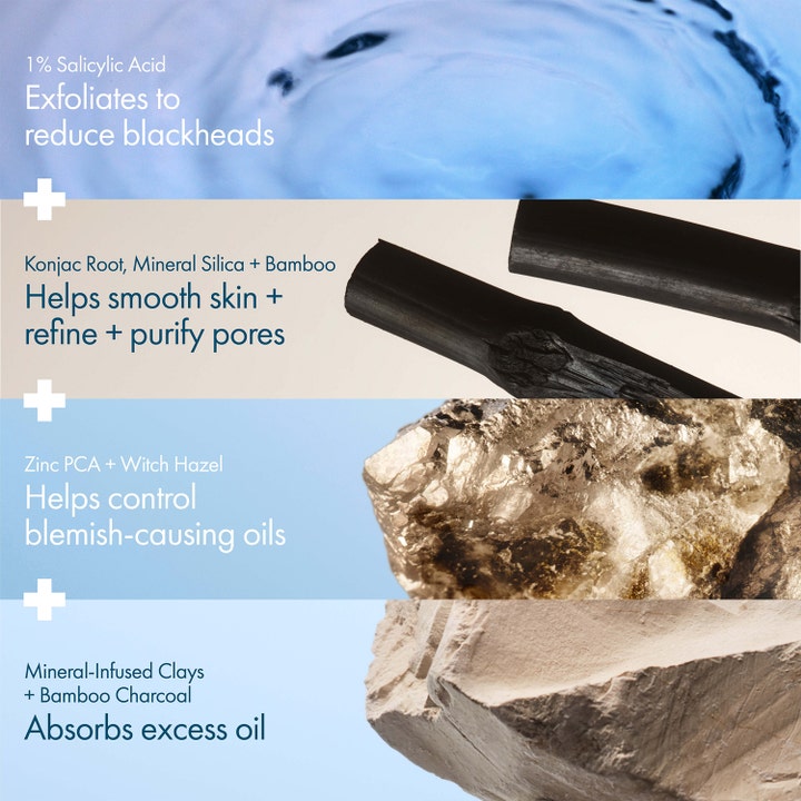 Origins Clear Improvement Mask-To-Scrub 75 ml ansiktsmaske med infografikk om salisylsyre og rensende bambuskull.