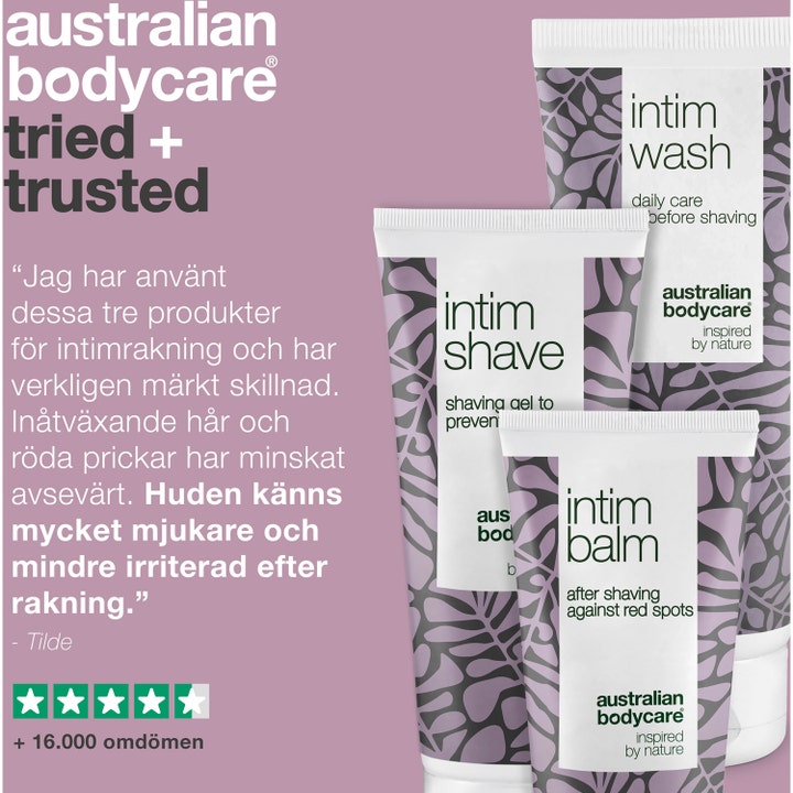 Australian Bodycare Intimate Shaving Kit 400 ml mot røde nupper med tre tuber og en positiv kundeanmeldelse.