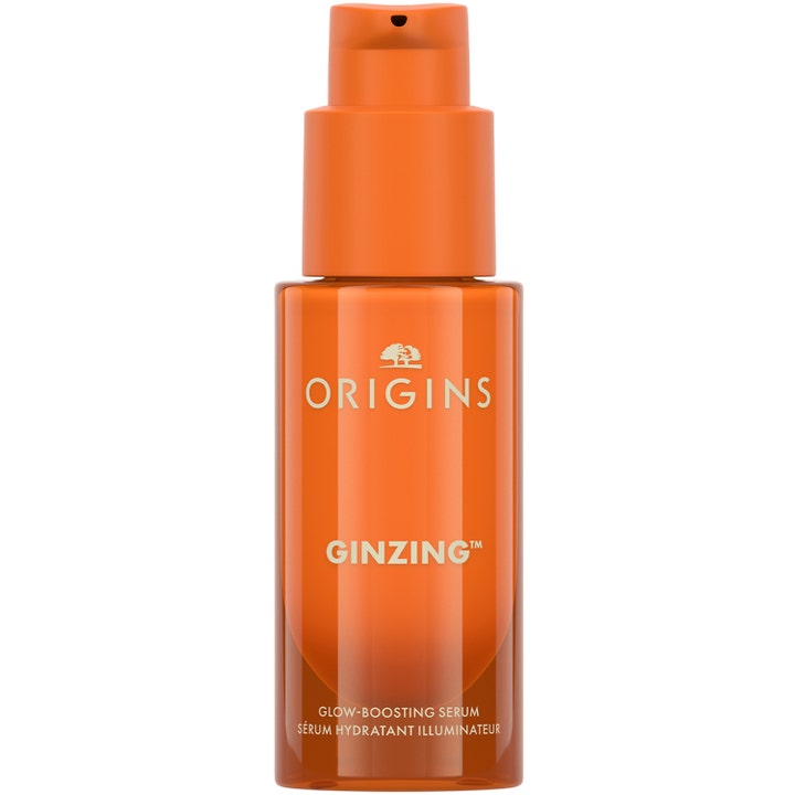 Origins GinZing Glow-Boosting Serum 30 ml som gir glød i en oransje glassflaske med pumpe.