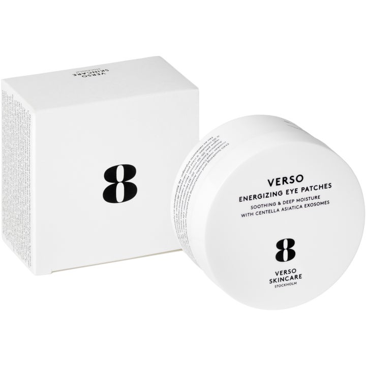 Verso N°8 Energizing Eye Patches 30 stk fuktighetsgivende øyemaske i hvit krukke og eske med sort åttetall