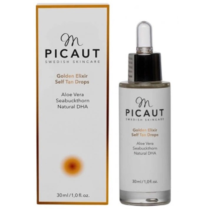 M Picaut Golden Elixir Self Tan Drops 30 ml tanning drops gir glød med aloe vera i glassflaske med pipette og eske.
