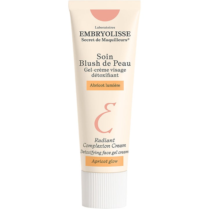 Embryolisse Radiant Complexion Cream avgiftende gelkrem som gir sunn glød i beige tube med ferskenfarget dekor.