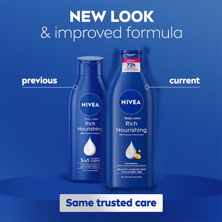 NIVEA Rich Nourishing Body Lotion 250 ml viser forbedret formel og nytt design som gir 72 timer fuktighet for tørr hud.