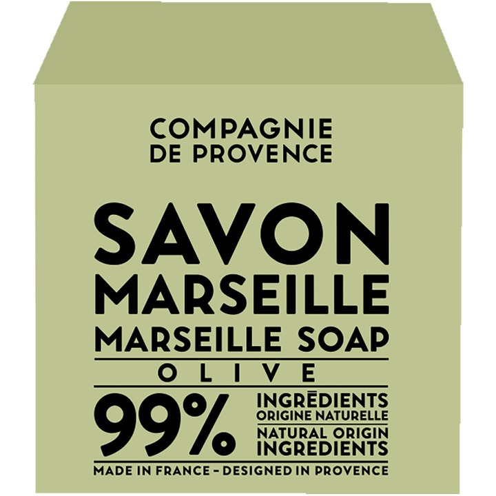 Compagnie de Provence Savon de Marseille Olive pleiende såpe i olivengrønn innpakning med minimalistisk sort tekst