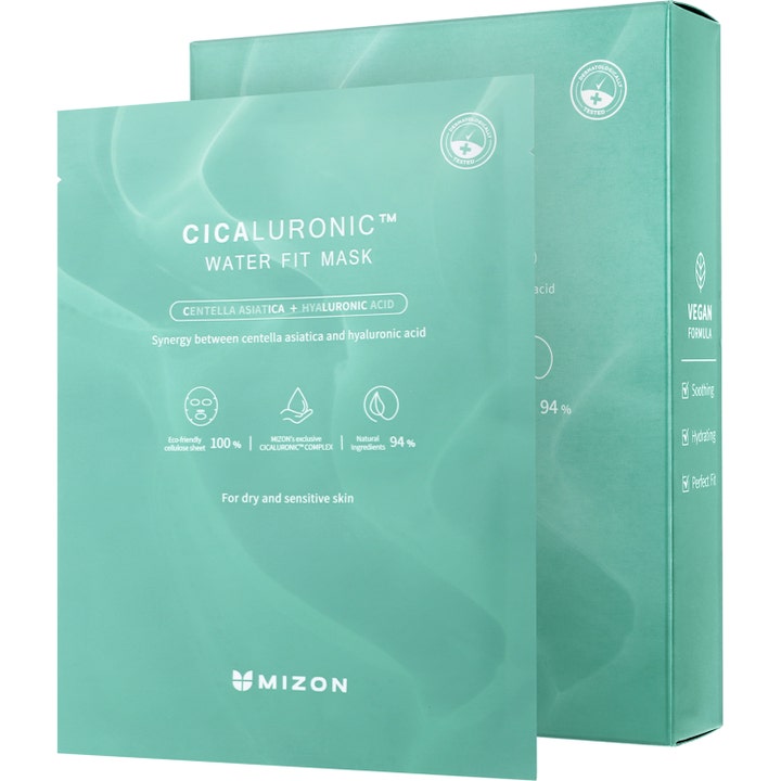 Mizon Cicaluronic Water Fit Mask 24 g beroligende ansiktsmaske i mintgrønn pose og eske med vegansk formel.