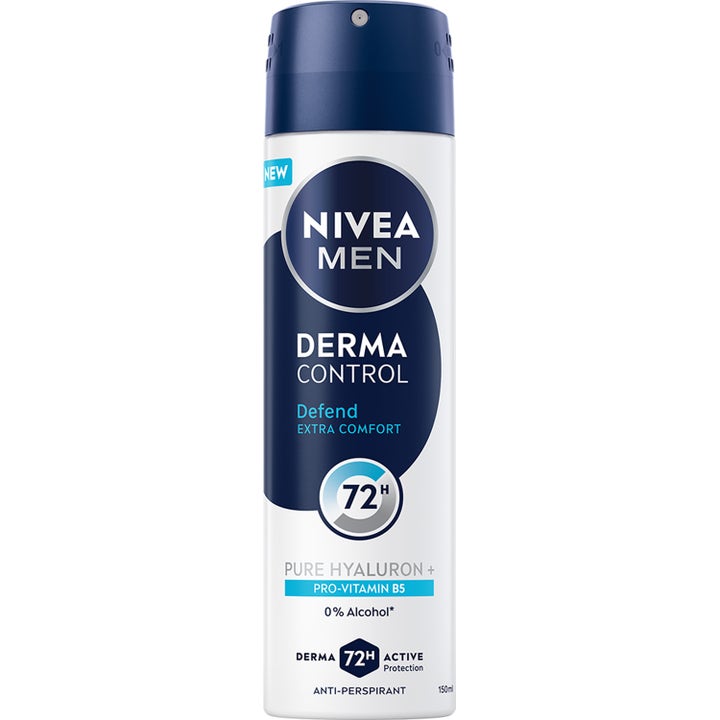 Nivea Men Derma Control 150ml anti-perspirant spray gir 72 timers beskyttelse i hvit beholder med mørkeblå kork