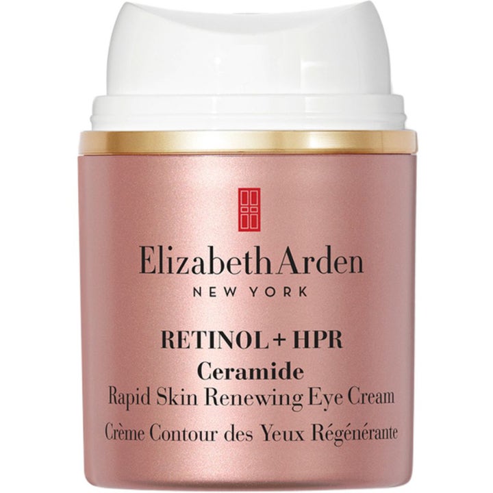 Elizabeth Arden Retinol + HPR Ceramide Eye Cream 15 ml i en rosa krukke med hvit pumpe som fornyer huden.