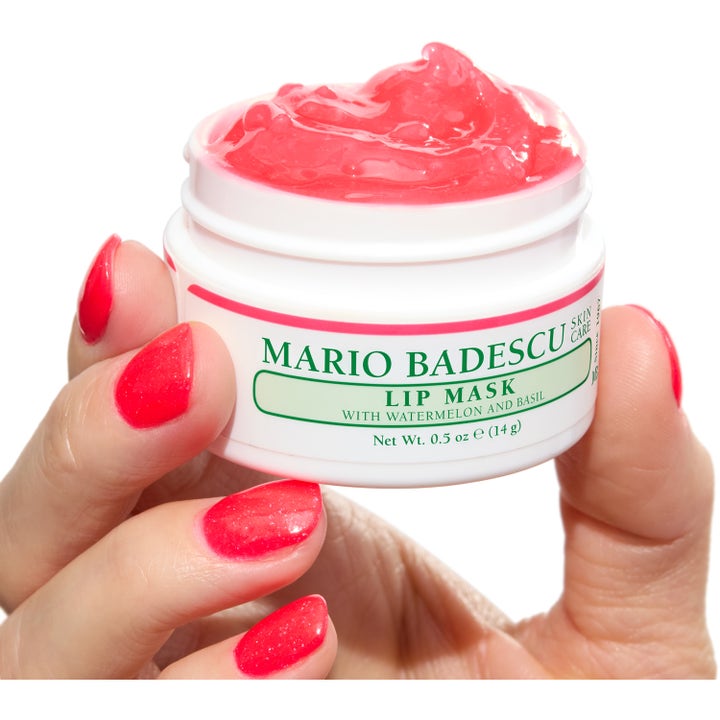 Mario Badescu Lip Mask Watermelon & Basil 14 ml fuktighetsgivende leppemaske i hvit krukke med rosa gelékonsistens