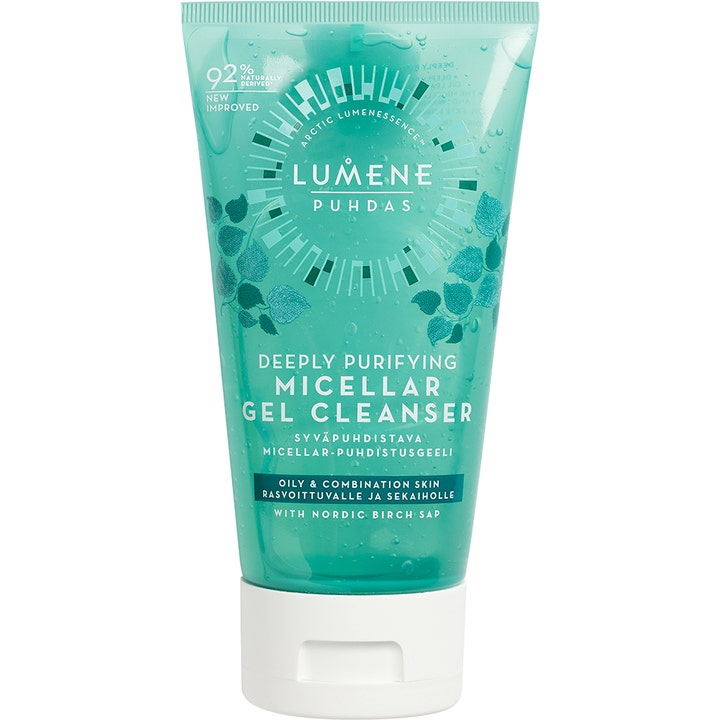 Lumene Puhdas Deeply Purifying Micellar Gel Cleanser ansiktsrens i turkis tube med hvitt lokk og bjørkeblad