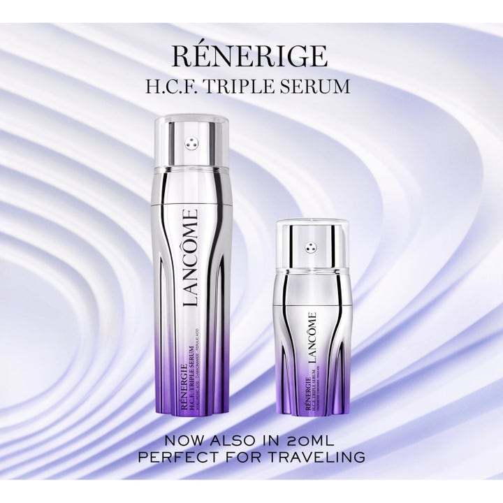 Lancôme Renergie H.C.F. Triple Serum Duo med 20 ml reisesize i lilla og sølvfargede pumpeflasker