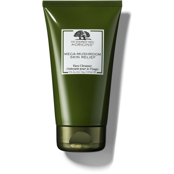 Origins Mega-Mushroom Skin Relief Face Cleanser 150 ml beroligende ansiktsrens i mørkegrønn tube med hvit etikett