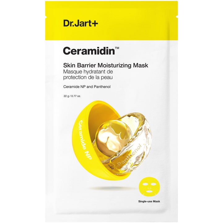 Dr. Jart+ Ceramidin Skin Barrier Mask 22 g fuktighetsgivende ansiktsmaske i hvit sachet med gul topp og gylne dråper.