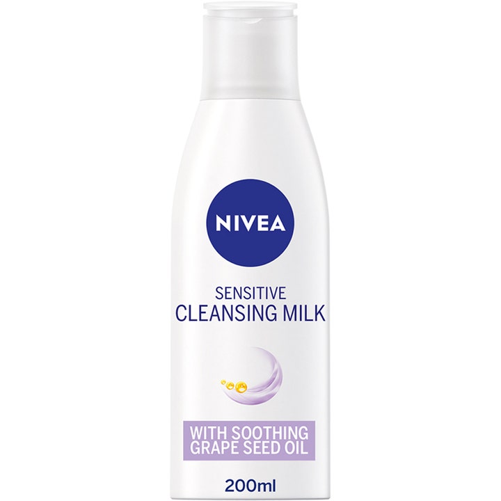 Nivea Sensitive Cleansing Milk 200 ml beroligende ansiktsrens for sensitiv hud i hvit flaske med lilla detaljer