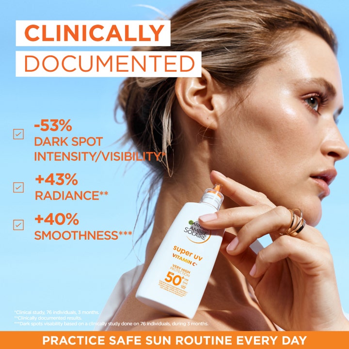 Garnier Ambre Solaire Super UV Vitamin C 40 ml solkrem mot mørke flekker vist med klinisk dokumentert effekt på glød