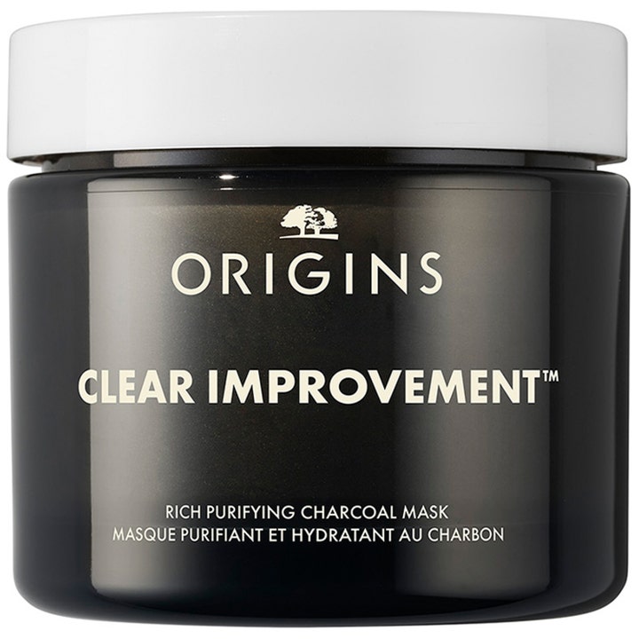Origins Clear Improvement Rich Purifying Charcoal Mask dyprensende ansiktsmaske i en mørk krukke med hvitt lokk