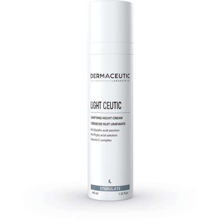 Dermaceutic Light Ceutic 40 ml nattkrem som jevner ut hudtonen i en stilren hvit sylindrisk pumpeflaske