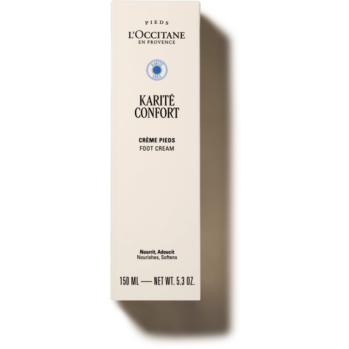 L'Occitane Shea Butter Foot Cream 150 ml pleiende fotkrem i beige eske med blått karité-segl.