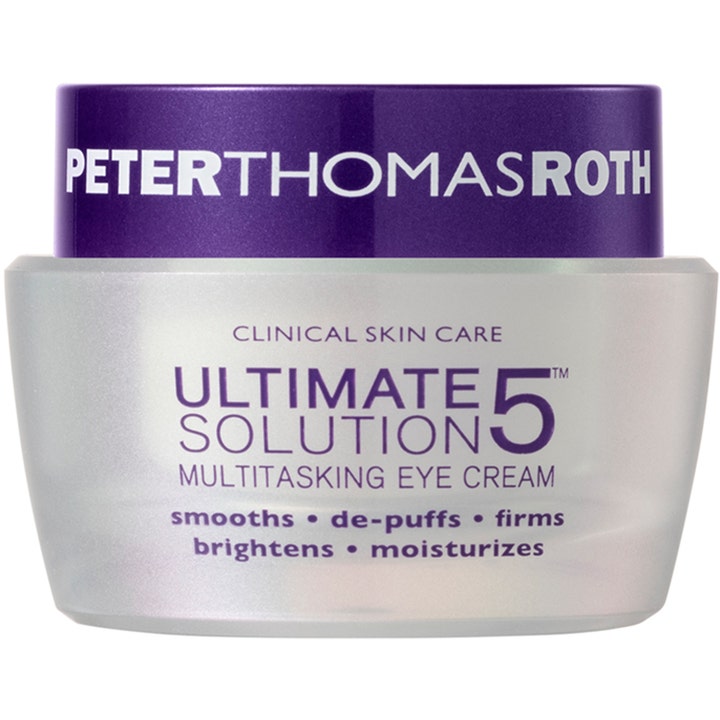 Peter Thomas Roth Ultimate Solution 5 Multitasking Eye Cream 15 ml i krukke med lilla lokk som glatter ut huden.