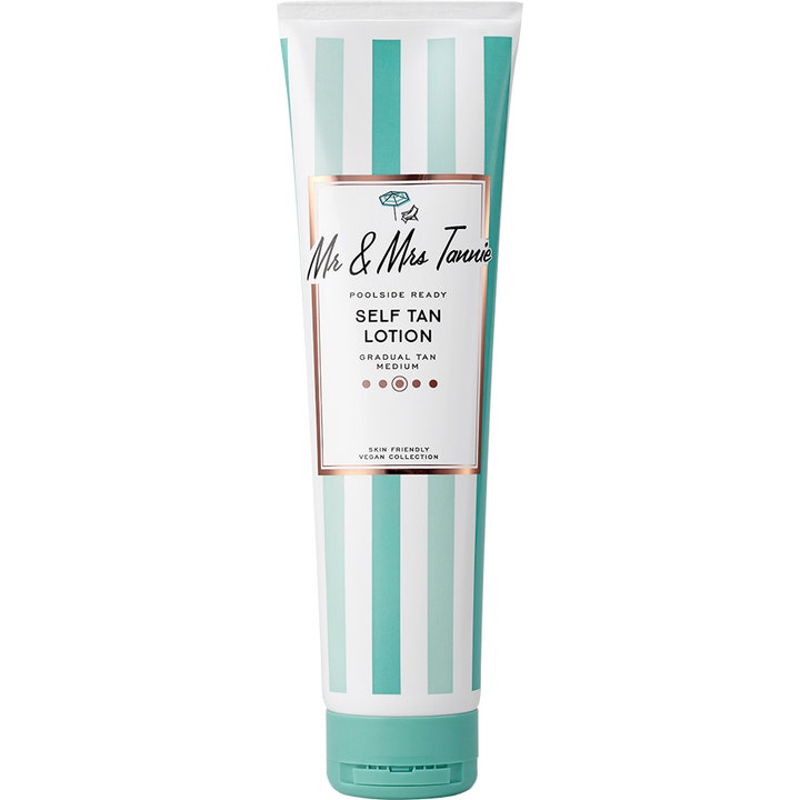 Mr & Mrs Tannie Self Tan Lotion Medium gir gradvis selvbruning i en hvit og turkisstripet tube med rosegull