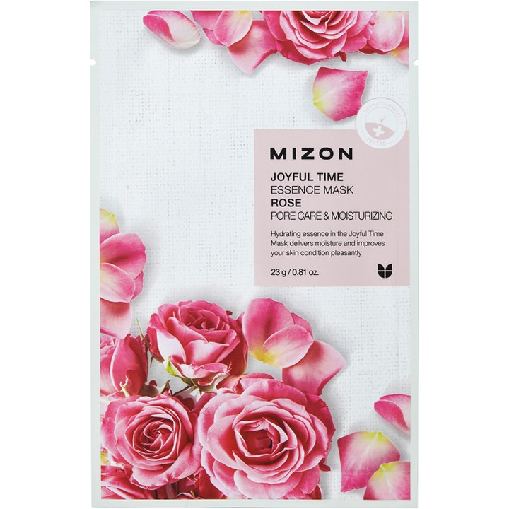 Mizon Joyful Time Essence Mask Rose 23 g fuktighetsgivende ansiktsmaske som gir porepleie i hvit forpakning med rosa roser