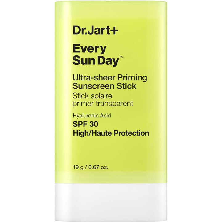 Dr. Jart+ Every Sun Day 19 g solstift SPF 30 med hyaluronsyre i en limegrønn gjennomsiktig hylse med hvit bunn