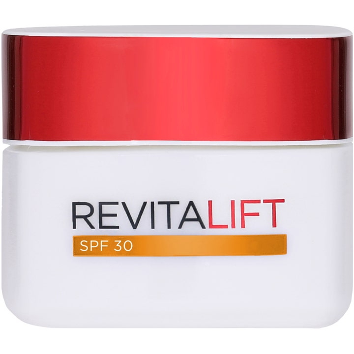 L'Oréal Paris Revitalift 50 ml fuktighetsgivende dagkrem med SPF 30 i hvit krukke med metallisk rødt lokk.