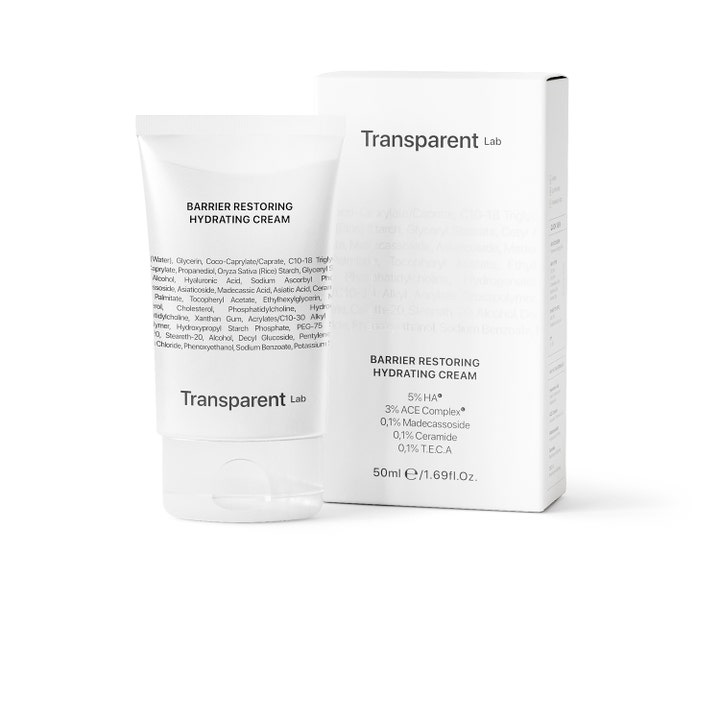 Niche Beauty Lab Transparent Lab Barrier Restoring Hydrating Cream 50 ml ansiktskrem i hvit tube og eske med 5% HA.