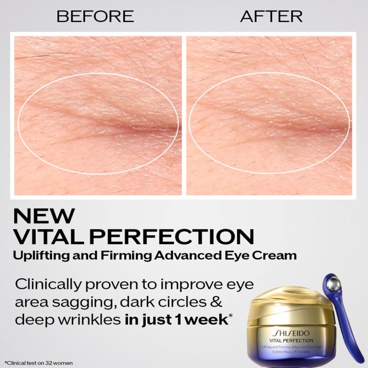 Shiseido Vital Perfection Uplifting & Firming Eye Cream 15 ml øyekrem i gullkrukke viser før og etter resultat på rynker
