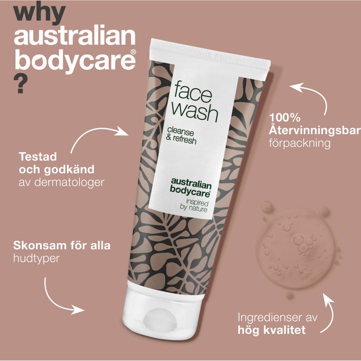 Australian Bodycare Face Wash 100 ml ansiktsrens mot urenheter i hvit tube med bladmotiv og en klar geldråpe