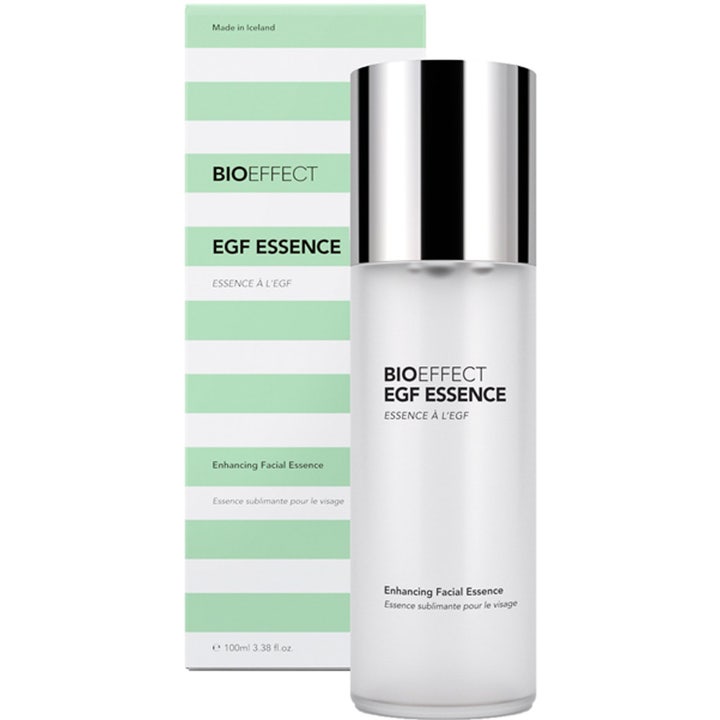 BIOEFFECT EGF Essence 100 ml fuktighetsgivende ansiktsessens i frostet flaske med sølvfarget kork og stripete eske.