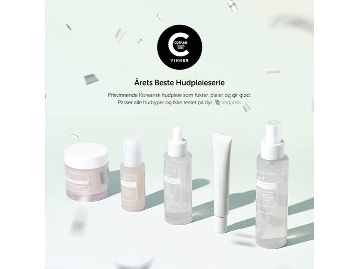 Klairs Fundamental Nourishing Eye Butter 20 g vegansk øyekrem i hvit tube vist i en prisvinnende hudpleieserie