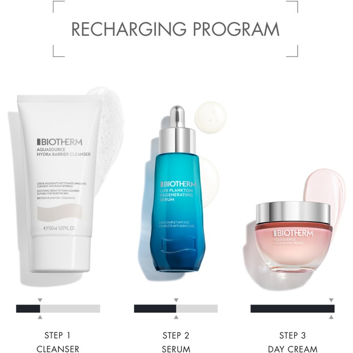 Biotherm Aquasource Cica Nutri 50 ml fuktighetsgivende dagkrem i rosa glasskrukke med rens og serum.