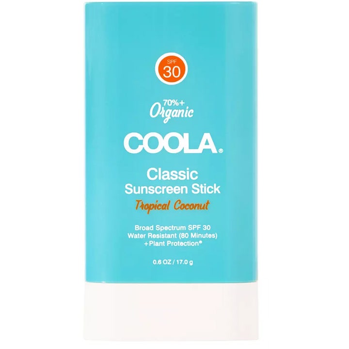 COOLA Classic Sunscreen Stick Tropical Coconut 17g solstift med SPF 30 i turkis og hvit hylse