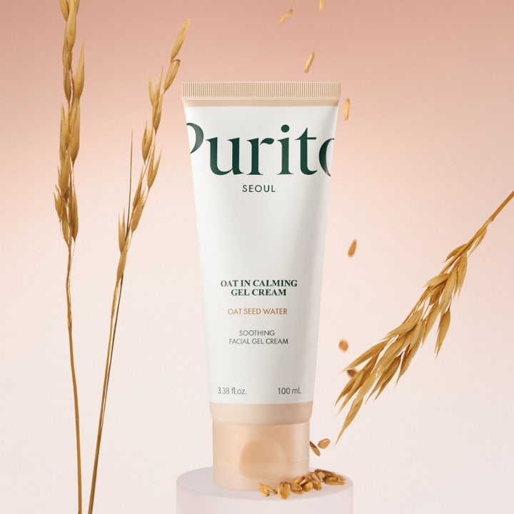 Purito Oat-in Calming Gel Cream 100 ml beroligende k-beauty ansiktskrem som presses ut av hvit tube med lett geltekstur.