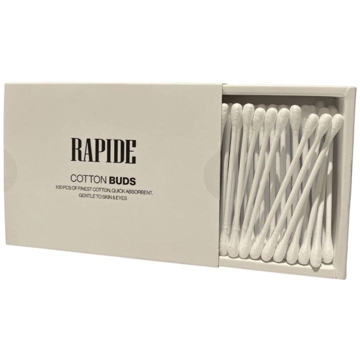 Rapide Cotton Buds 100 stk absorberende bomullspinner i hvit eske for skånsom rens av hud og øyne