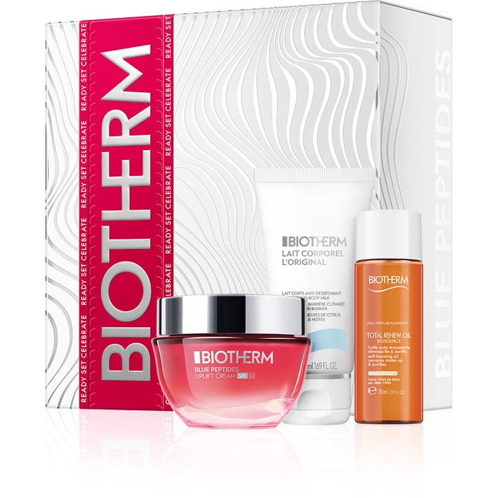 Biotherm Blue Peptides Uplift Set 3 deler oppstrammende hudpleie med rosa krukke og hvit tube foran hvit eske