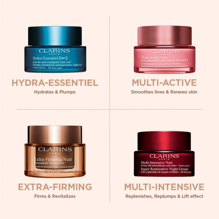 Clarins Extra-Firming Nuit 50 ml oppstrammende nattkrem i ravfarget glasskrukke vist i en oversikt over fire nattkremer