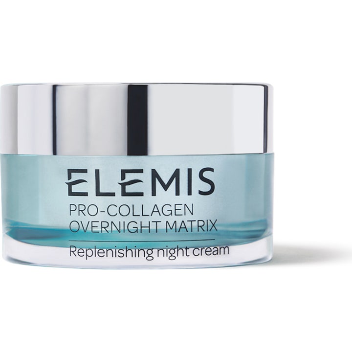 Elemis Pro-Collagen Overnight Matrix 50 ml fornyende nattkrem i en lyseblå glasskrukke med blankt sølvlokk