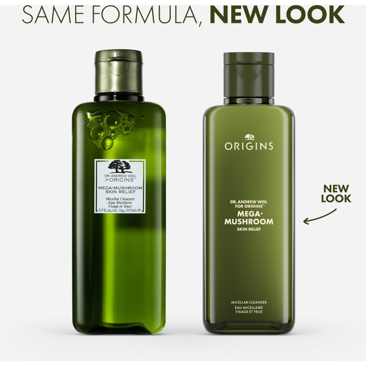 Origins Dr. Weil Mega-Mushroom Micellar Cleanser 200 ml ansiktsrens i gammel og ny mørkegrønn flaskedesign.