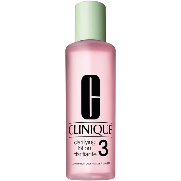 Clinique Clarifying Lotion 3 eksfolierende ansiktsvann for kombinert hud i en rosa frostet flaske med grønn kork