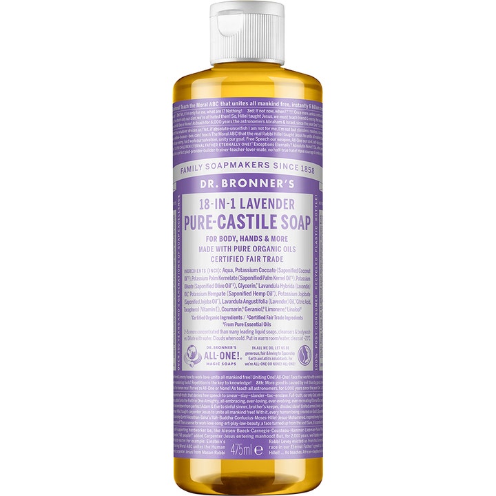 Dr. Bronner's 18-in-1 Lavender Pure-Castile Soap 475 ml beroligende såpe med økologiske oljer i flaske med lilla etikett