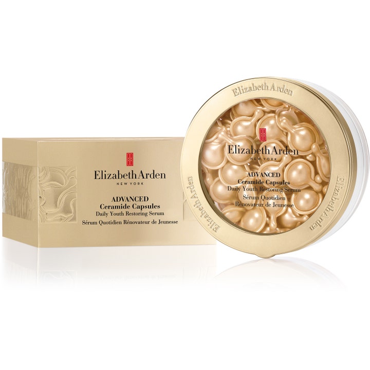 Elizabeth Arden Advanced Ceramide Serum 60 kapsler er et styrkende ansiktsserum i gullfargede kapsler og krukke.
