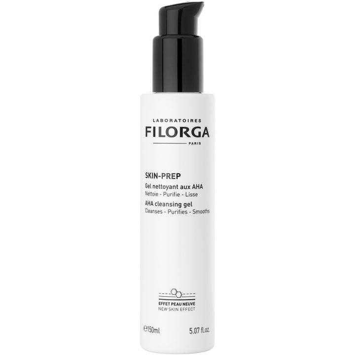 Filorga Skin-Prep AHA Cleansing Gel 150ml eksfolierende ansiktsrens i hvit sylindrisk flaske med svart pumpe.
