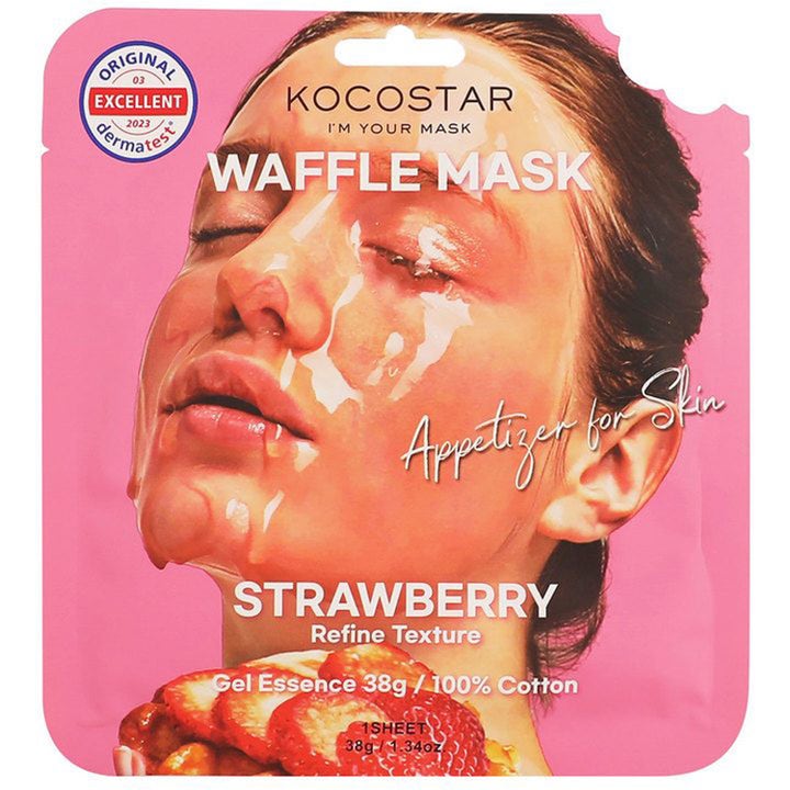 Kocostar Strawberry Waffle Mask 40g ansiktsmaske forbedrer hudtekstur i rosa emballasje med jordbær og gel